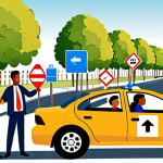 **Image of a Driving Community Network**: Create an illustration showing a diverse group of drivers exchanging information and experiences in a friendly environment, such as a community meeting or online forum. Include elements that represent road safety, like traffic signs and accident prevention tips.